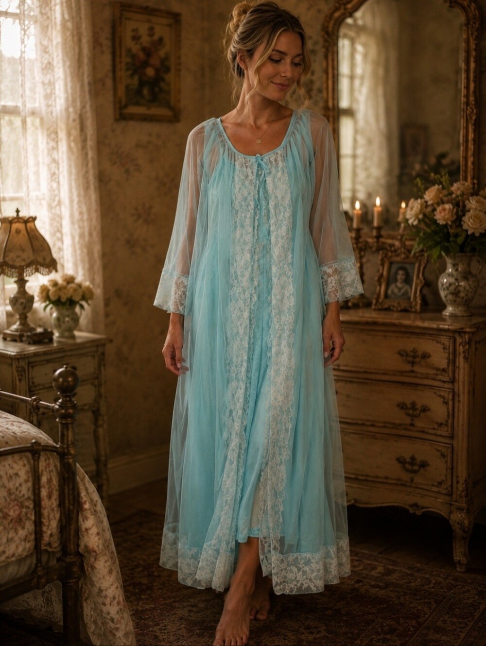 Vintage Sheer Light Blue Lace Trimmed Nightgown with sheer robe Size Medium
